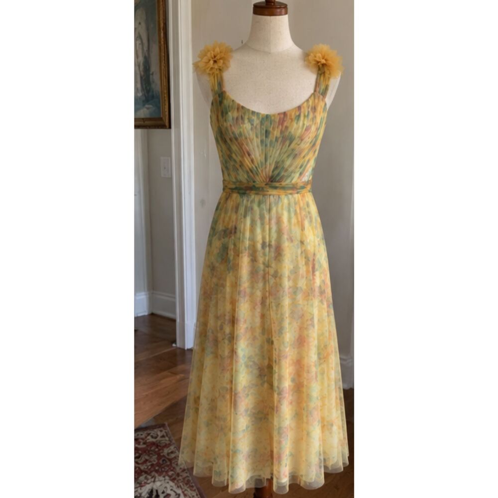 Marchesa Notte Floral Print Midi Dress Sheer Tulle Yellow Green XS 2